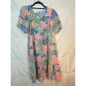 Vintage Tropical Floral Shell Butterfly Square‎ Neck Gauze Midi Dress